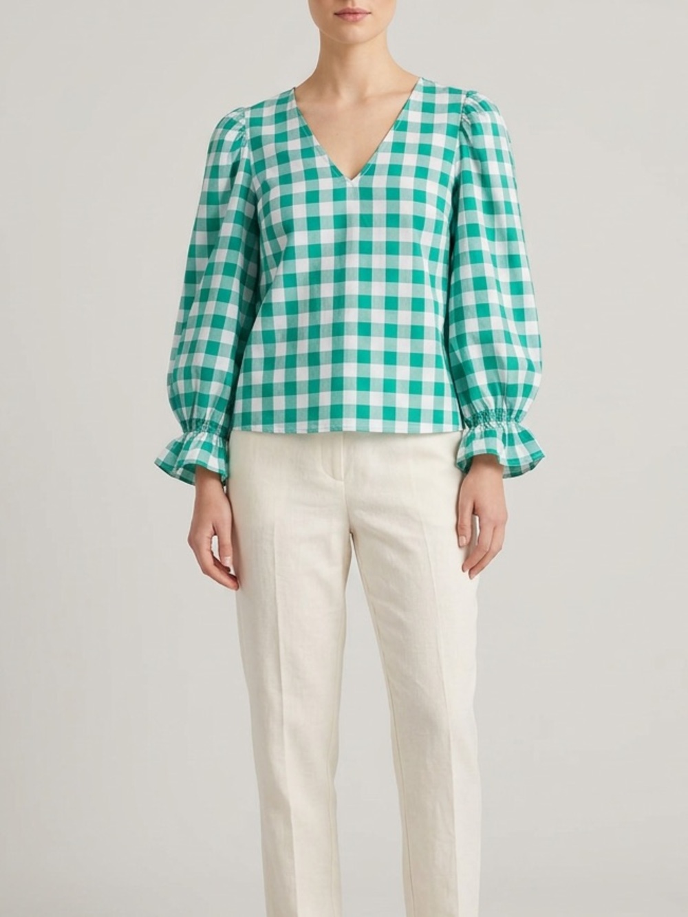 a new day Green White Gingham V-Neck Puff Sleeve Blouse Sz M Like New